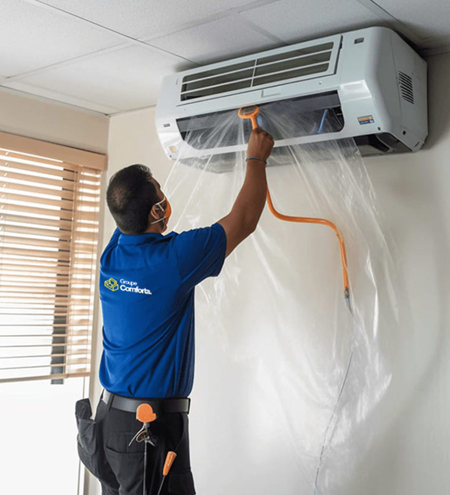 Technicien du Groupe Conforta nettoyant un climatiseur mural à l'aide d'un équipement spécialisé dans une pièce lumineuse avec des stores en bois.
