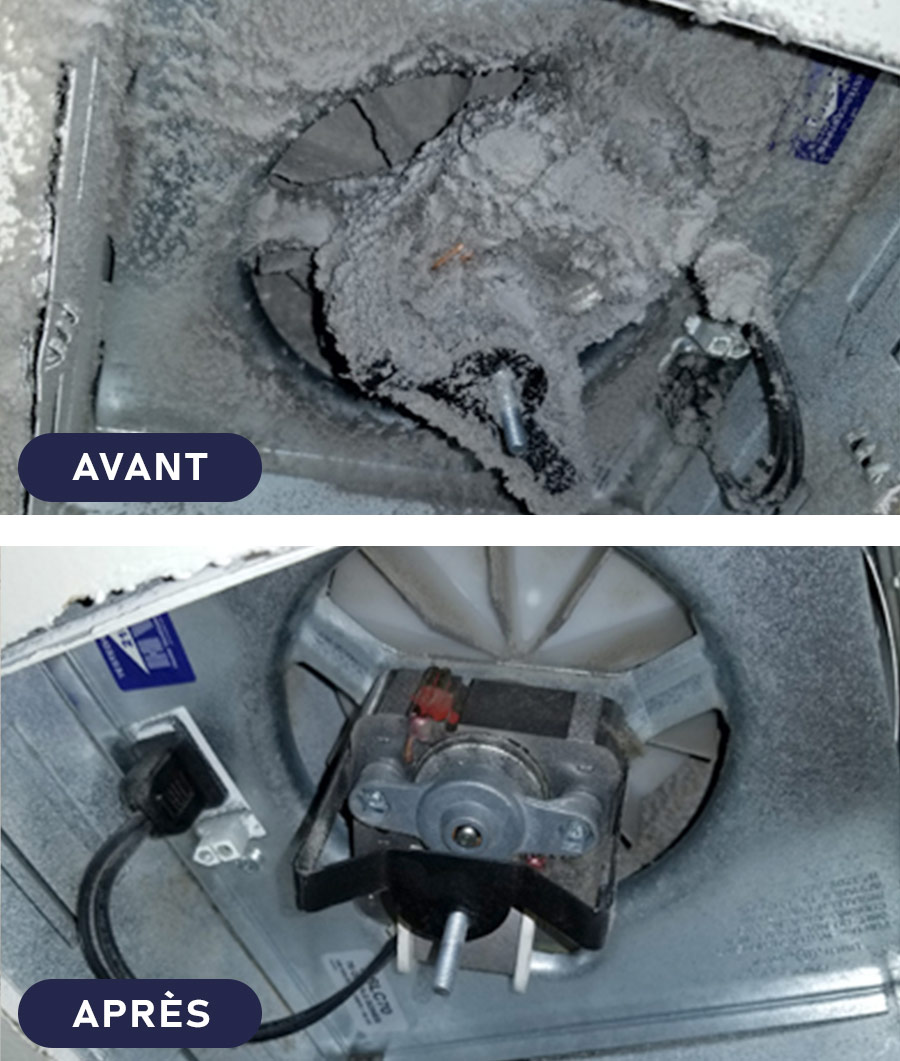 Comparaison avant et après le nettoyage d'un conduit de ventilation, montrant un conduit rempli de poussière et de saleté avant, et un conduit propre et dégagé après un entretien professionnel.