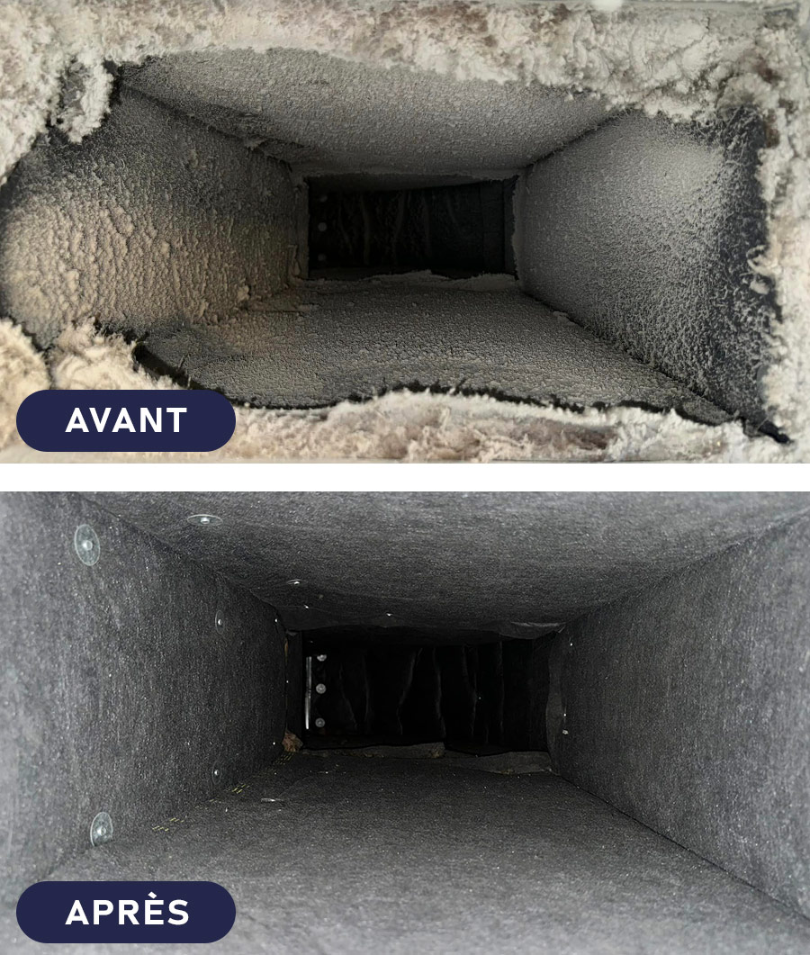 Comparaison avant et après le nettoyage d'un conduit de ventilation, montrant un conduit rempli de poussière et de saleté avant, et un conduit propre et dégagé après un entretien professionnel.